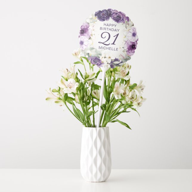Purple White Floral Glitter Happy Birthday Age Balloon (Vase)