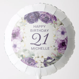 Purple White Floral Glitter Happy Birthday Name Balloon