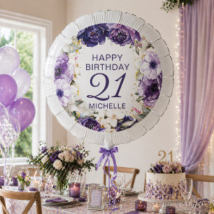 Purple White Floral Glitter Happy Birthday Name  Balloon