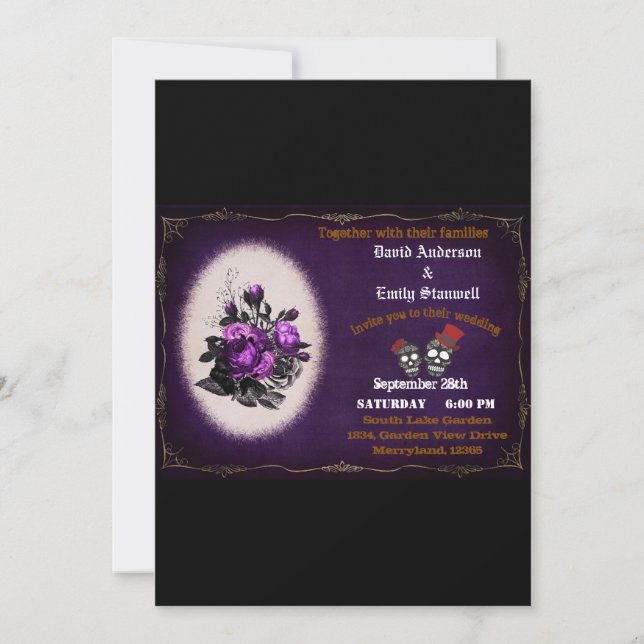 Purple White Floral Gothic Skull Halloween Wedding Invitation (Front)
