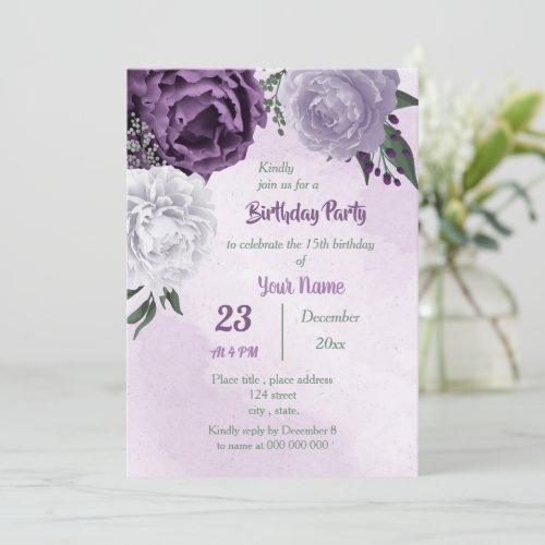 purple  white floral greenery birthday party invitation