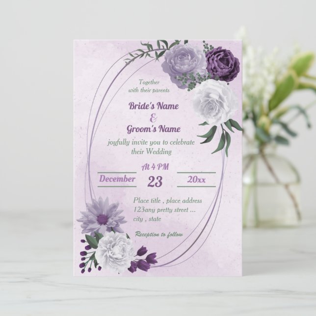 purple & white floral greenery geometric wedding invitation (Standing Front)