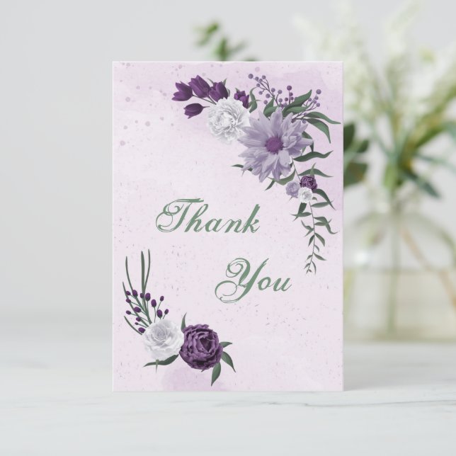 purple & white floral greenery  thank you card (Standing Front)
