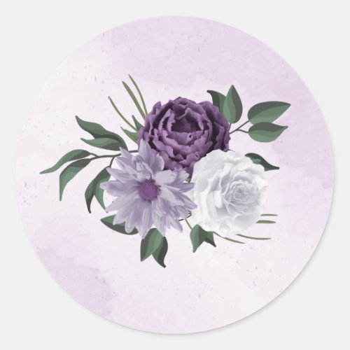 purple  white floral greenery wedding classic round sticker