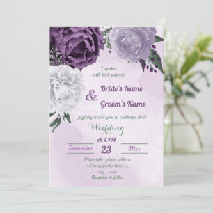 purple & white floral greenery wedding invitation
