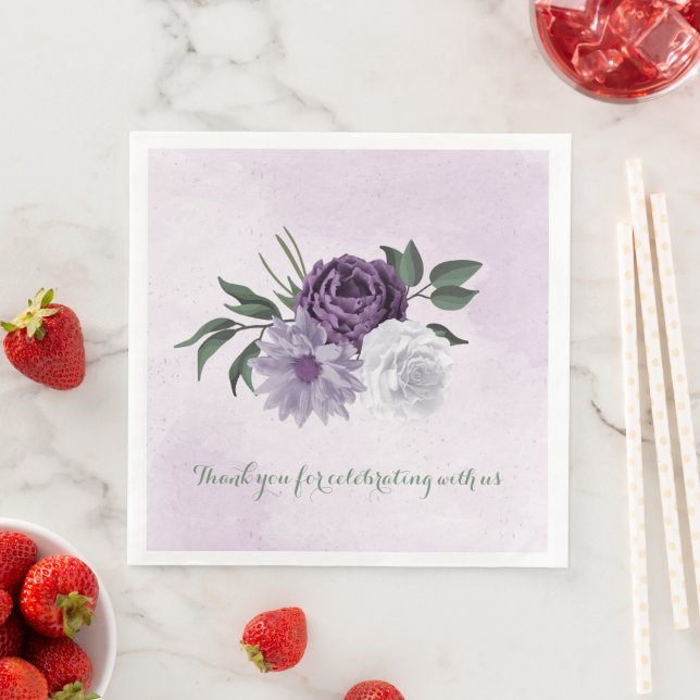 purple & white floral greenery wedding paper dinner napkins (Insitu)