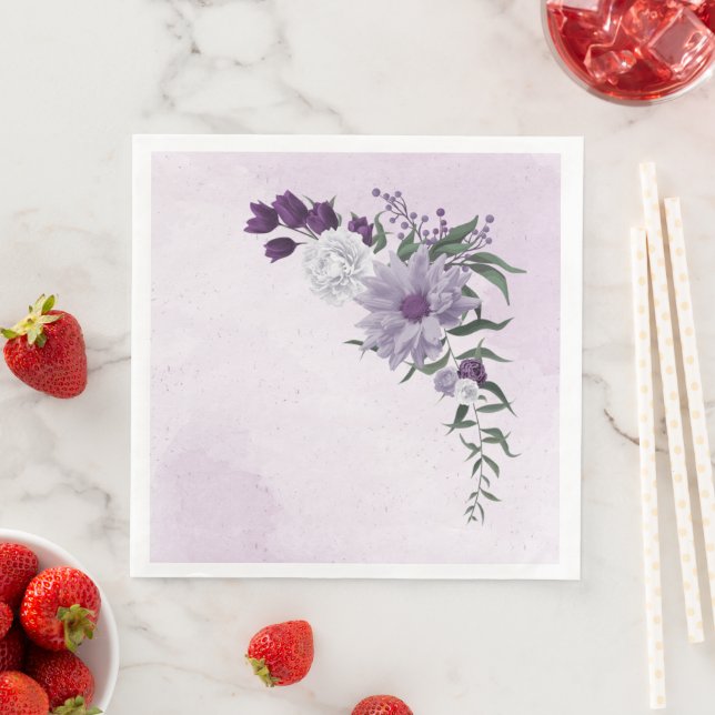 purple & white floral greenery wedding paper dinner napkins (Insitu)