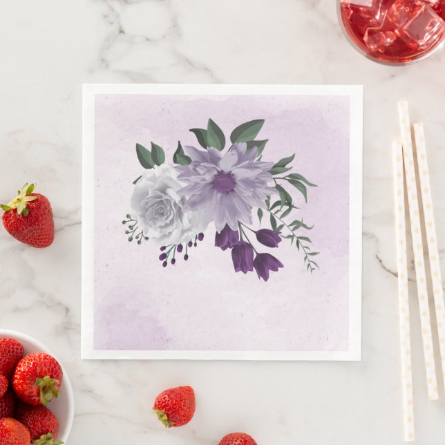 purple & white floral greenery wedding  paper dinner napkins (Insitu)