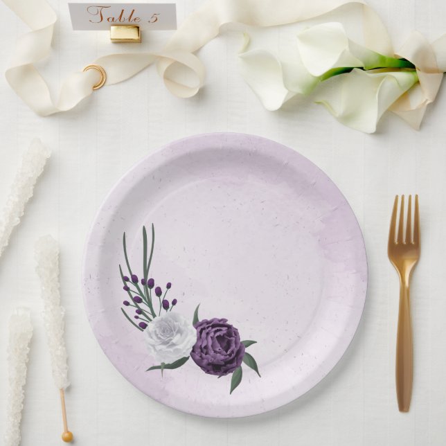 purple & white floral greenery wedding paper plates (Wedding)