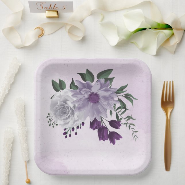 purple & white floral greenery wedding paper plates (Wedding)