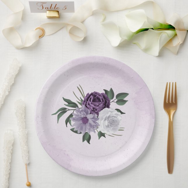 purple & white floral greenery wedding paper plates (Wedding)