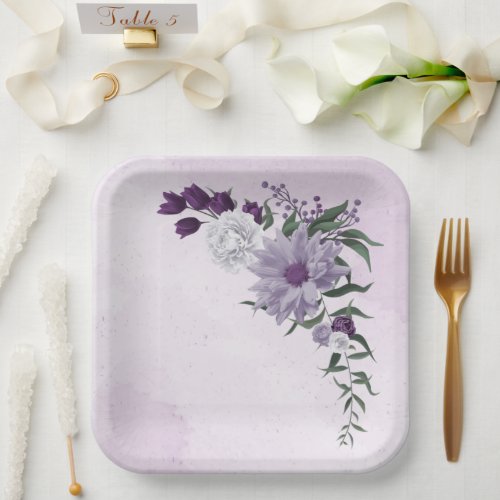 purple  white floral greenery wedding paper plates
