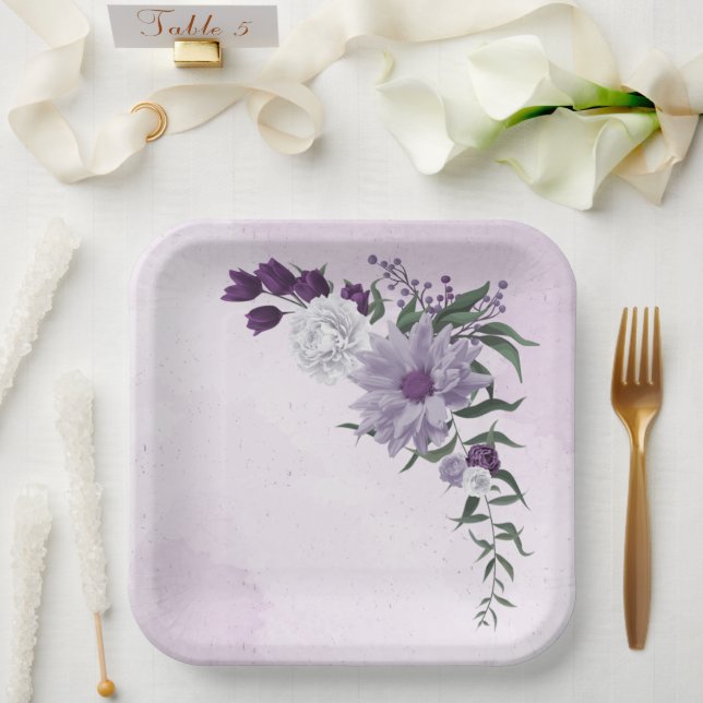 purple & white floral greenery wedding paper plates (Wedding)