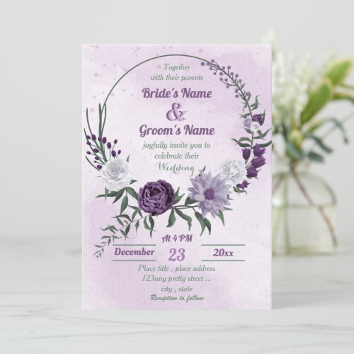 purple  white floral greenery wreath wedding invitation