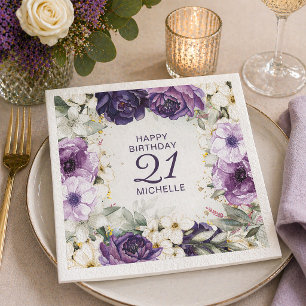 Purple White Floral Happy Birthday Name Age Napkins
