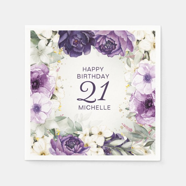 Purple White Floral Happy Birthday Name Age Napkins (Front)