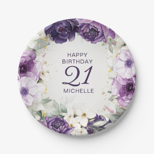 Purple White Floral Happy Birthday Name Age Paper Plates