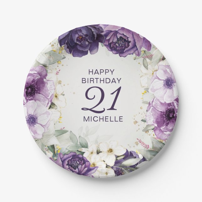 Purple White Floral Happy Birthday Name Age Paper Plates (Front)