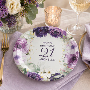 Purple White Floral Happy Birthday Name Age Paper Plates