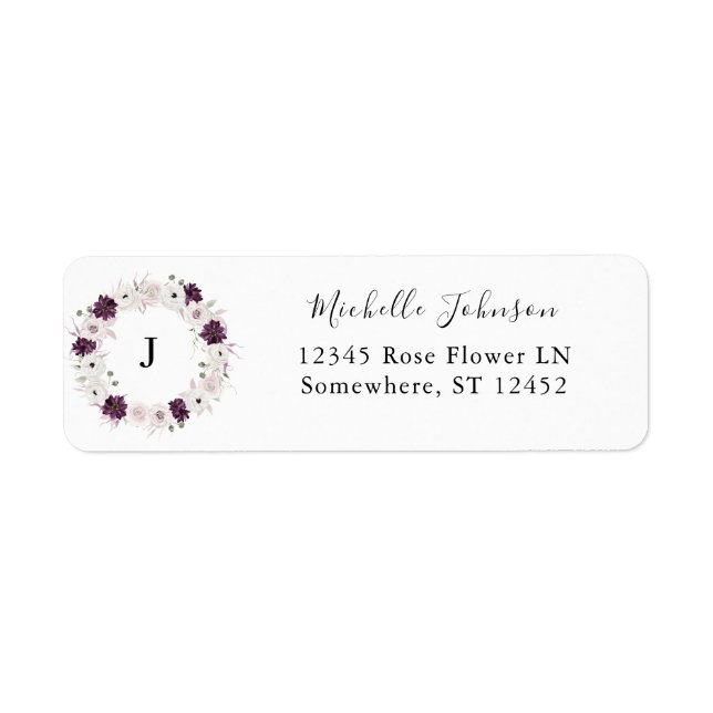 Purple & White Floral Initial Return Address Label (Front)