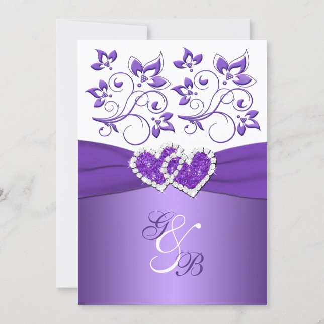 Purple & White Floral Joined Hearts Wedding Invite (Front)