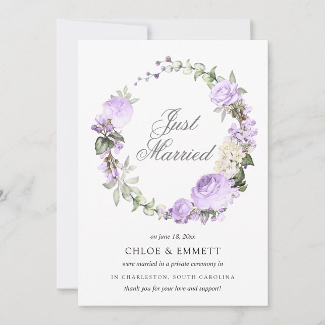 Purple White Floral Just Married Elopement Announcement (Front)