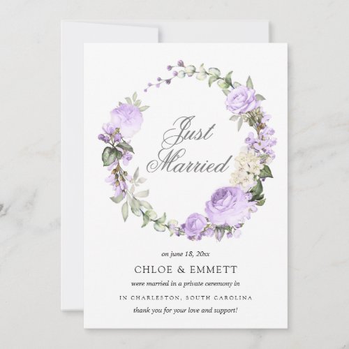 Purple White Floral Just Married Elopement Announcement