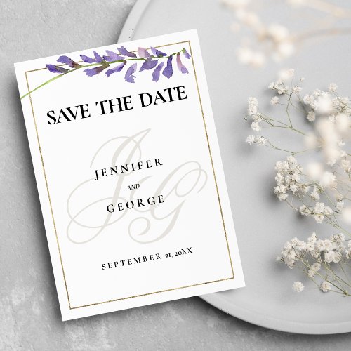 Purple white floral monogram initial Save The Date