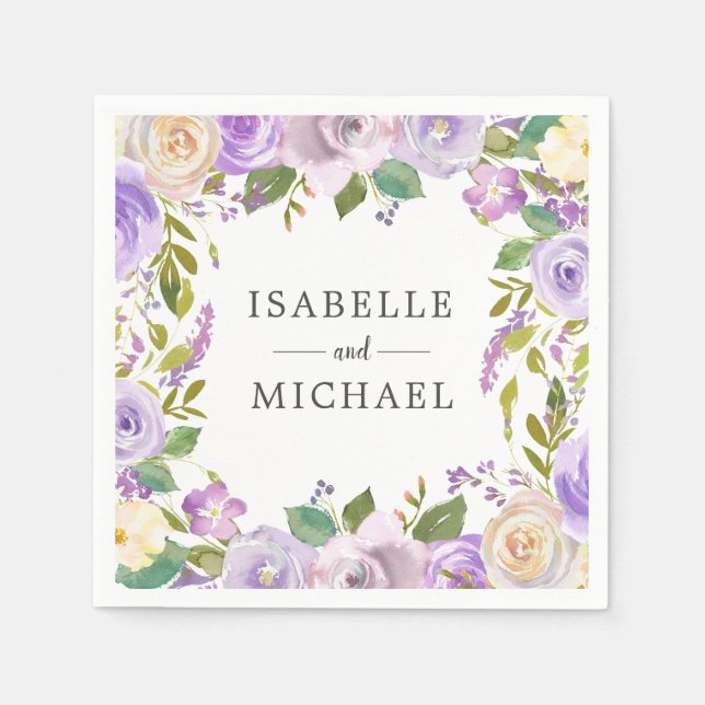 Purple White Floral Monogram Name Wedding Napkins (Front)