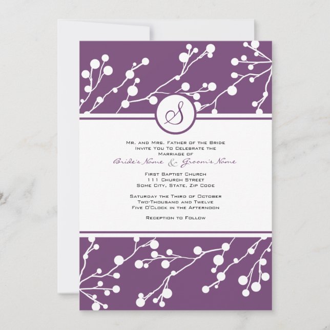 Purple & White Floral Monogram Wedding Invitation (Front)