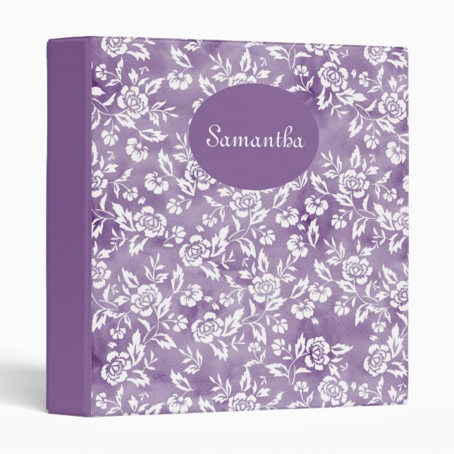 Purple & White Floral Pattern Add Your Name 3 Ring Binder (Front/Spine)
