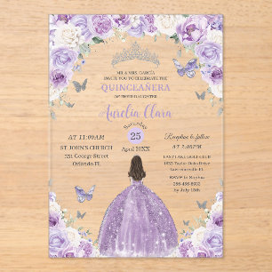 Purple White Floral Princess Quinceañera XV 16 Acrylic Invitations