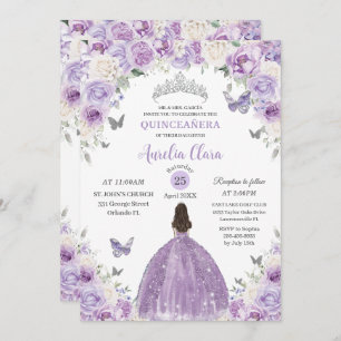Purple White Floral Princess Quinceañera XV 16 Invitation