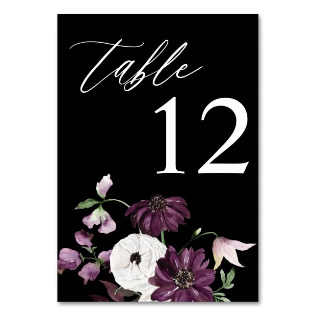 Purple & White Floral Table Number - Black (Front)