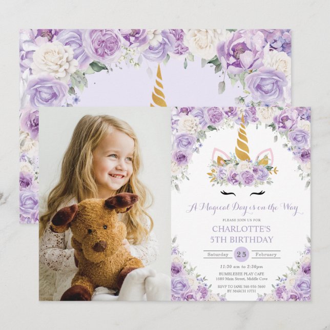 Purple White Floral Unicorn 5th 7th Birthday Photo Invitation (Front/Back)