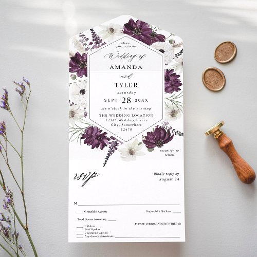 Purple  White Floral Wedding All In One Invitation