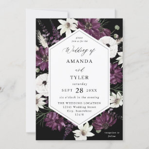 Purple & White Floral Wedding - Black Invitation
