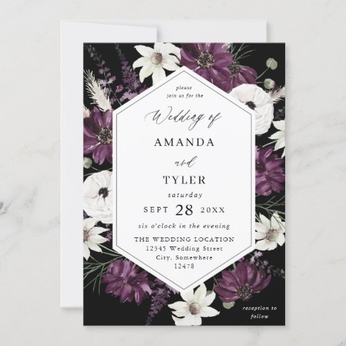 Purple  White Floral Wedding _ Black Invitation