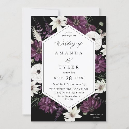 Purple  White Floral Wedding _ Black V2 Invitation
