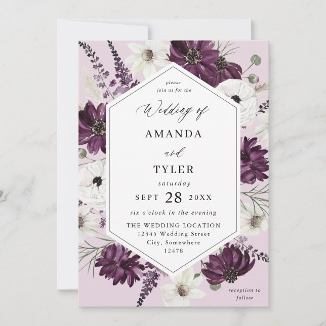 Purple & White Floral Wedding - Lavender Invitation (Front)