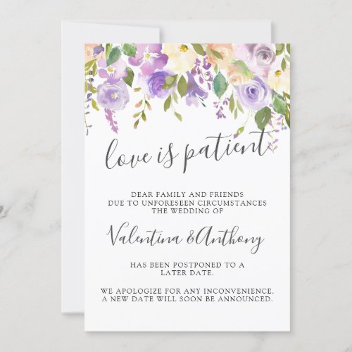 Purple White Floral Wedding Love is Patient Invitation