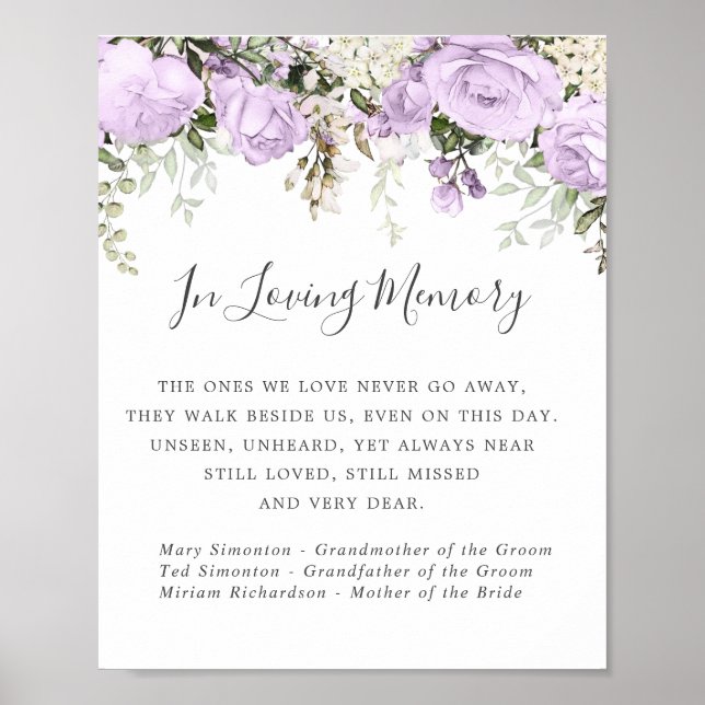 Purple White Floral Wedding Memorial Sign (Front)
