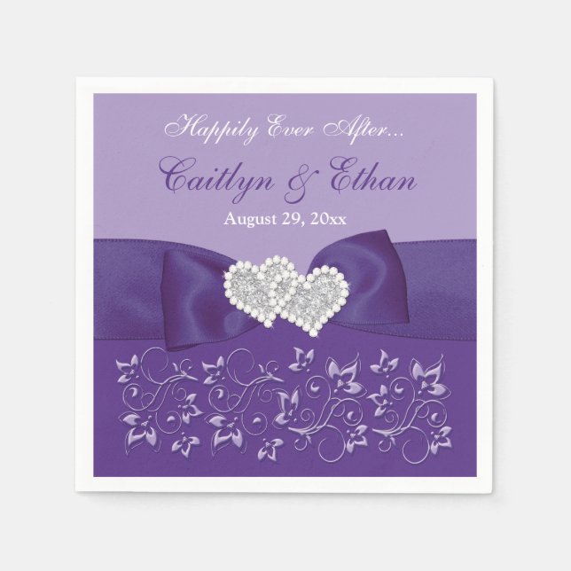 Purple, White Floral Wedding Paper Napkins (Front)