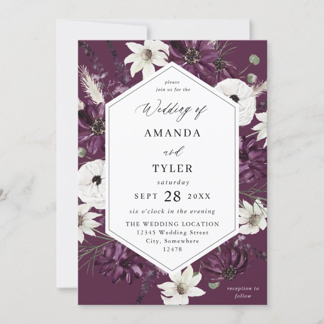 Purple & White Floral Wedding - Purple Invitation (Front)