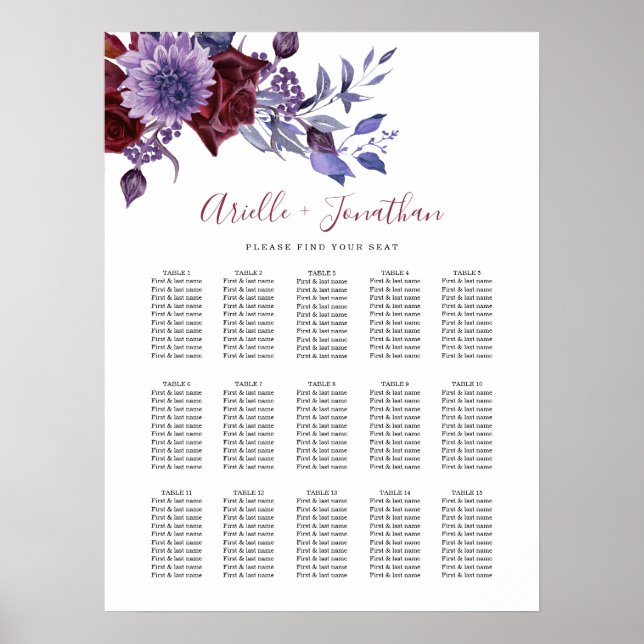 Purple & White Floral Wedding Seating Chart (Front)