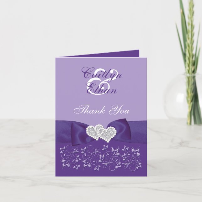 Purple, White Floral Wedding Thank You Card (Front)