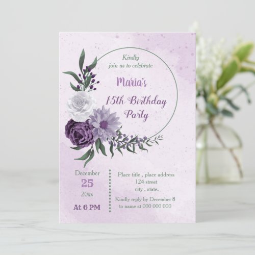 purple  white floral wreath birthday party invitation