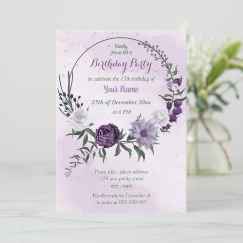 purple  white floral wreath birthday party invitation