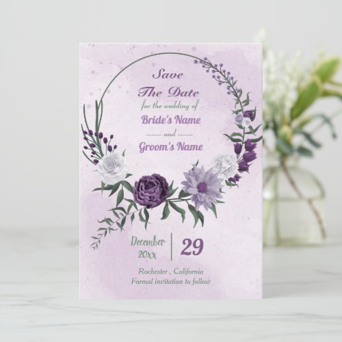 purple  white floral wreath save the date