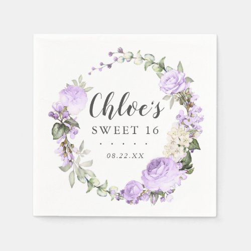Purple White Floral Wreath Sweet 16 Party Napkins